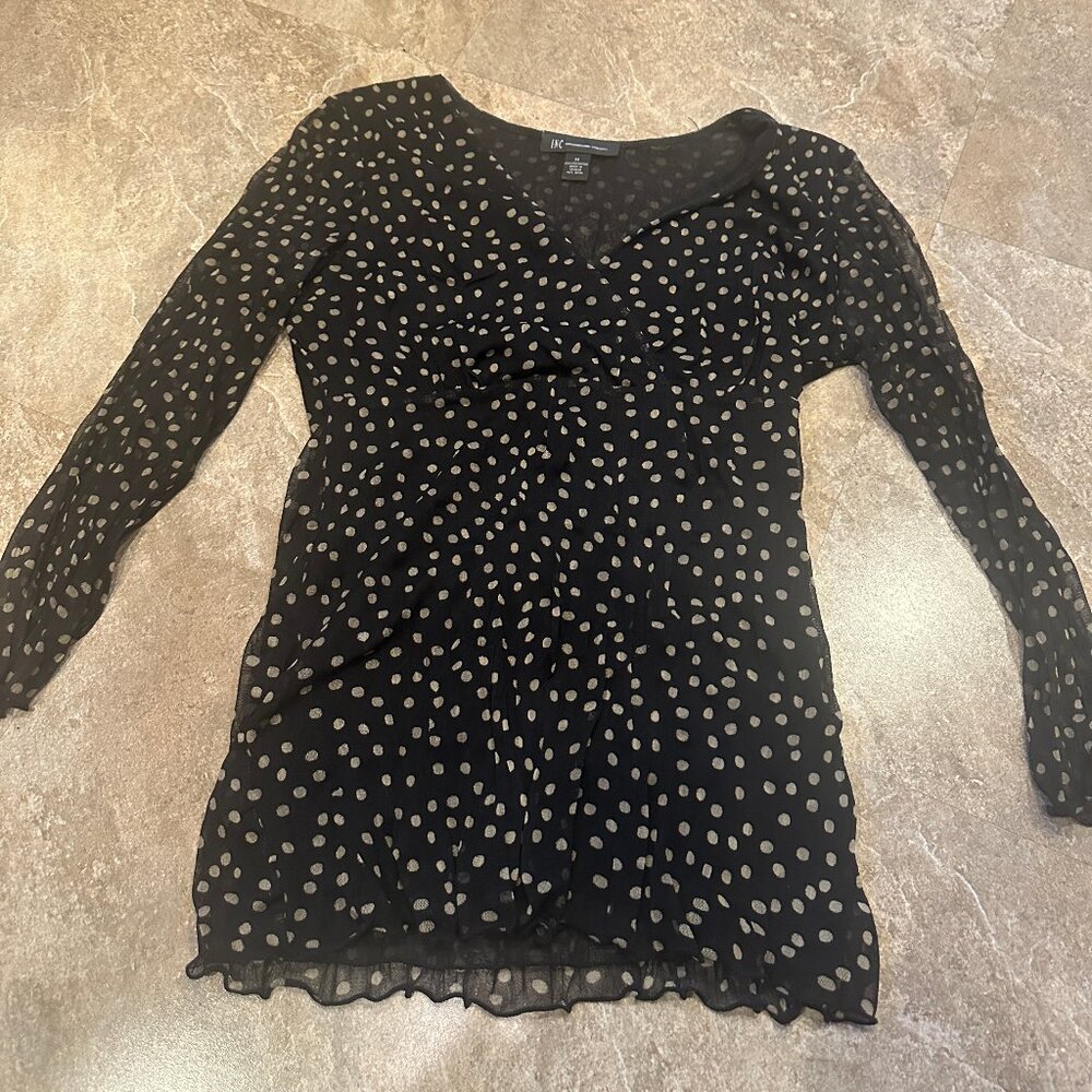 INC International Concept Black & Brown Polka Dot Sheer Overlay VNeck Shirt - M